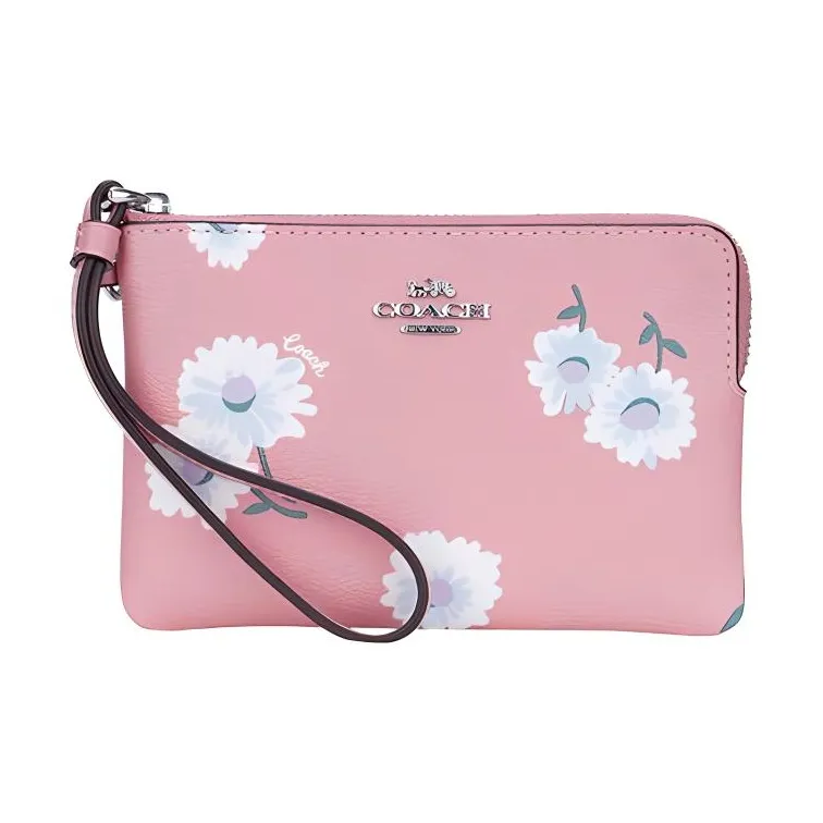 COACH Canvas With Leather Money Clip Card Holder Handheld Coin Purse Wrist Bag Small Size Women's Cherry Blossom Pink-0