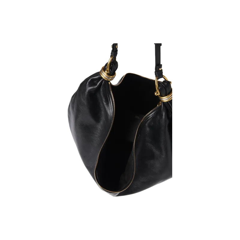Chloe Grained Leather Shiny Grained Calfskin Shoulder Bag Large Size Women's Black-3