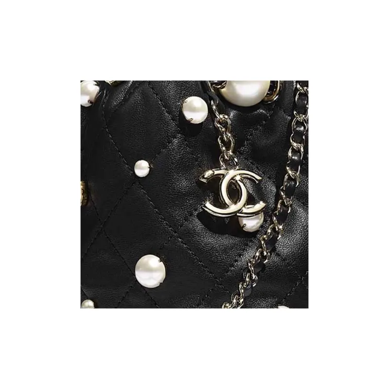 CHANEL Pearl Sheepskin Bucket Bag, Shoulder Bag, Crossbody Bag Mini Women's Black-4