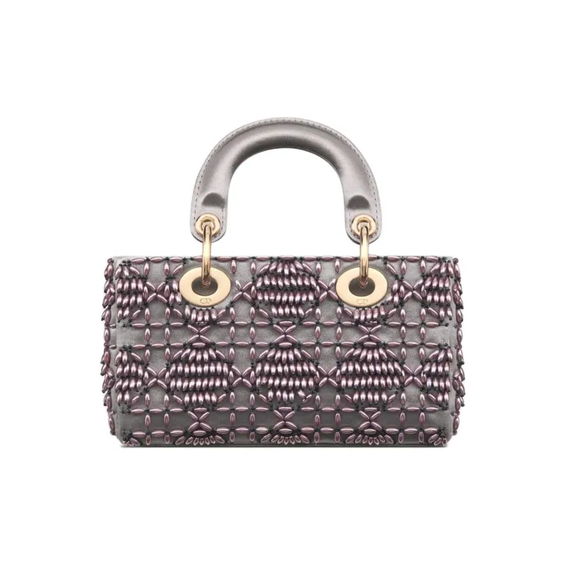 DIOR Lady D-JOY Embroidered Satin Shoulder Bag Crossbody Bag Handbag Extra Mini Women's Gray-3