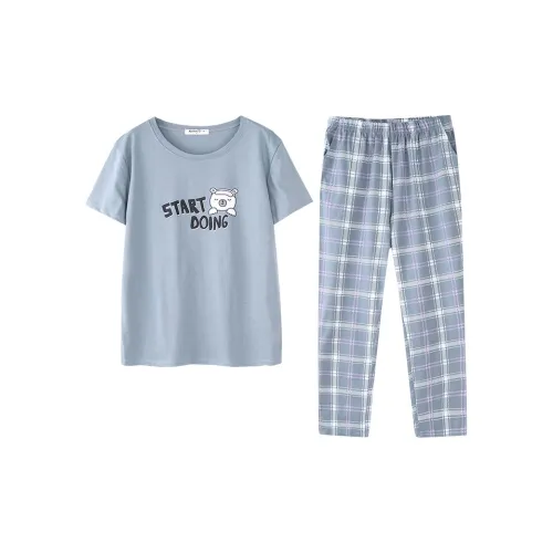 XIN1BU Pajama Set Women's Vintage Blue