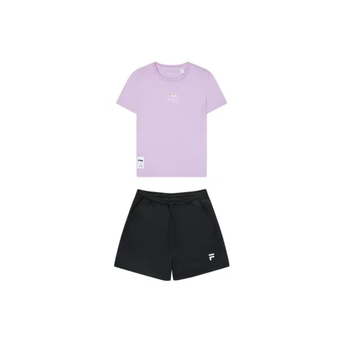 FILA Casual Suits Women's Set Autumn Cherry Purple T-Shirts+Black Shorts