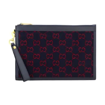GUCCI Wool Leather Wristband Clutches Unisex Dark Blue/Red