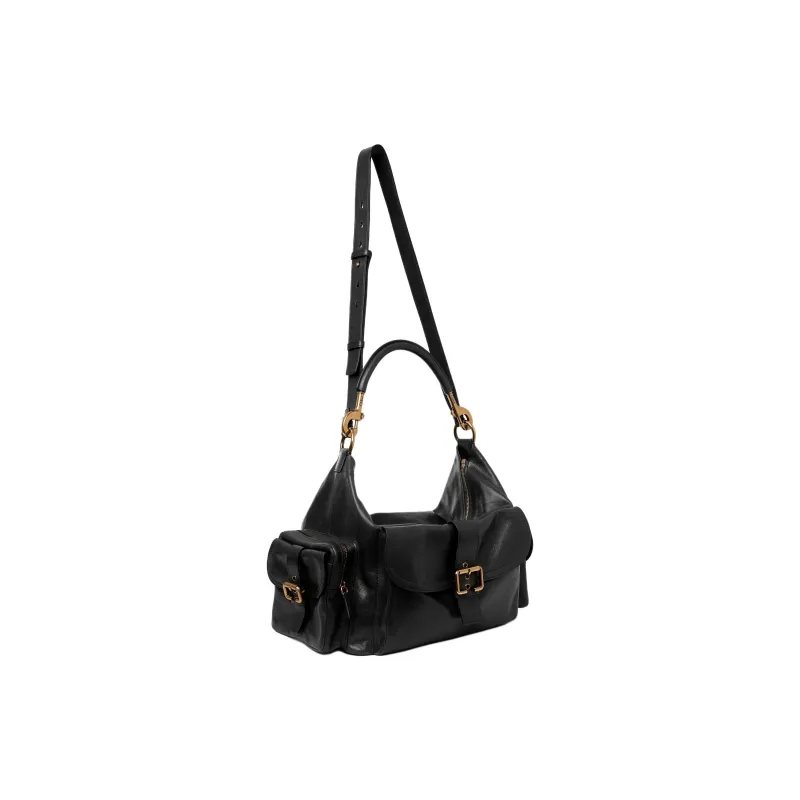 Chloe Natural Shiny Buffalo Leather Camera Bag Handbag Shoulder Bag Crossbody Bag Large Size Women's Black-1