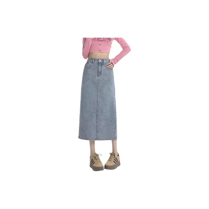 Weixi Denim Long Skirts Women's Blue-2