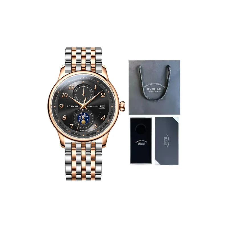 BORMAN Automatic Mechanical Movement Genuine Leather Strap Watch Men's Watches Black Dial-5