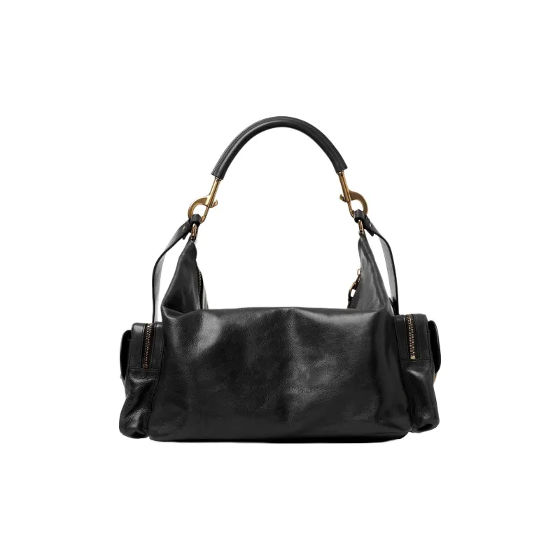 Chloe Natural Shiny Buffalo Leather Camera Bag Handbag Shoulder Bag Crossbody Bag Large Size Women's Black-2