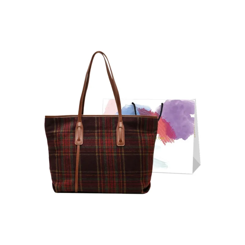 CORE BIRD Woolen Tote Bag, Shopping Bag, Handbag, Shoulder Bag Women's Green Plaid/Red Plaid-4