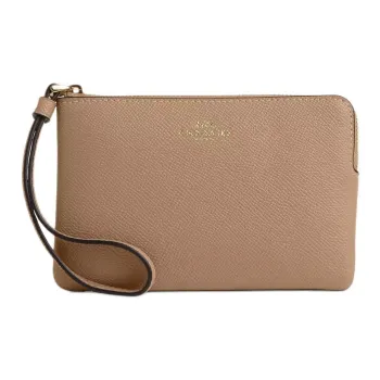 COACH Corner Zip Recycled Leather Wrist Clutches Small Size Women's Umber