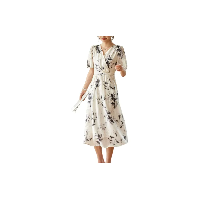 Still Quiet Short Sleeved Dresses Women's White+Multicolor-2