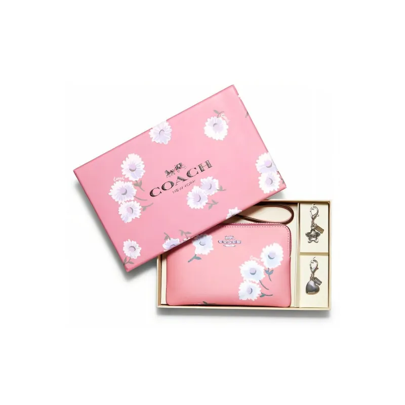 COACH Canvas With Leather Money Clip Card Holder Handheld Coin Purse Wrist Bag Small Size Women's Cherry Blossom Pink-4
