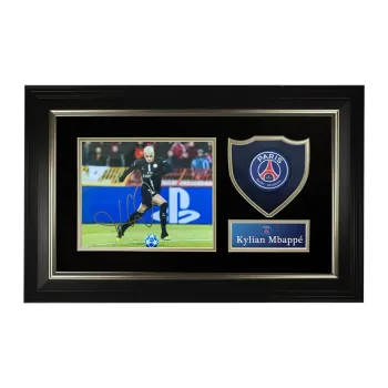 Three For Paris Saint-Germain Mbappé Signed Photo And Jersey Fabric Combination Framed With Certificate