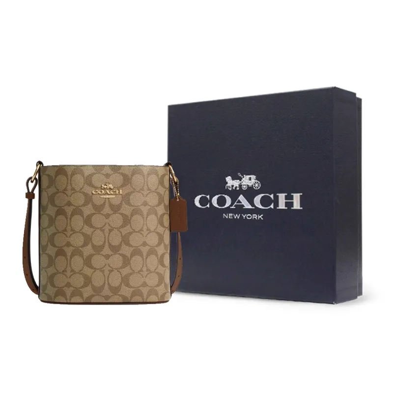 COACH Canvas With Leather Bucket Bags Crossbody Bag, Shoulder Bag Small Size Women's Gold & Khaki-8