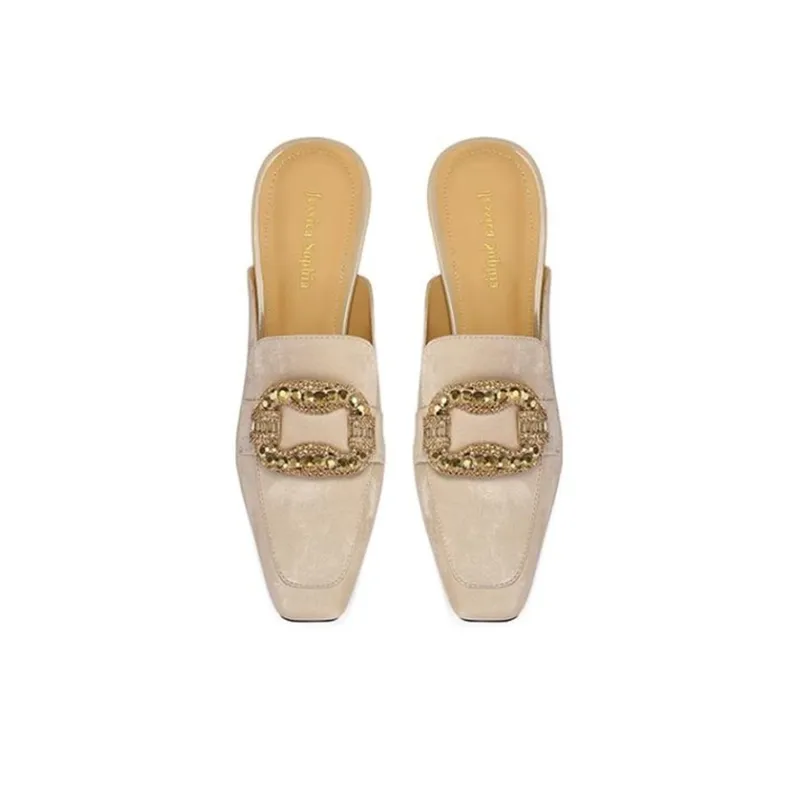 JESSICA SOPHIA Rubber Sole Metal Rhinestone Abrasion Resistant Slip Resistant Wrap toe Slippers Women's Champagne-4