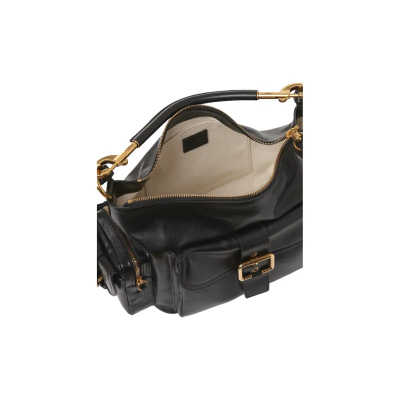 Chloe Natural Shiny Buffalo Leather Camera Bag Handbag Shoulder Bag Crossbody Bag Women's Black-3