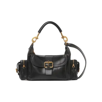 Chloe Natural Shiny Buffalo Leather Camera Bag Handbag Shoulder Bag Crossbody Bag Women's Black