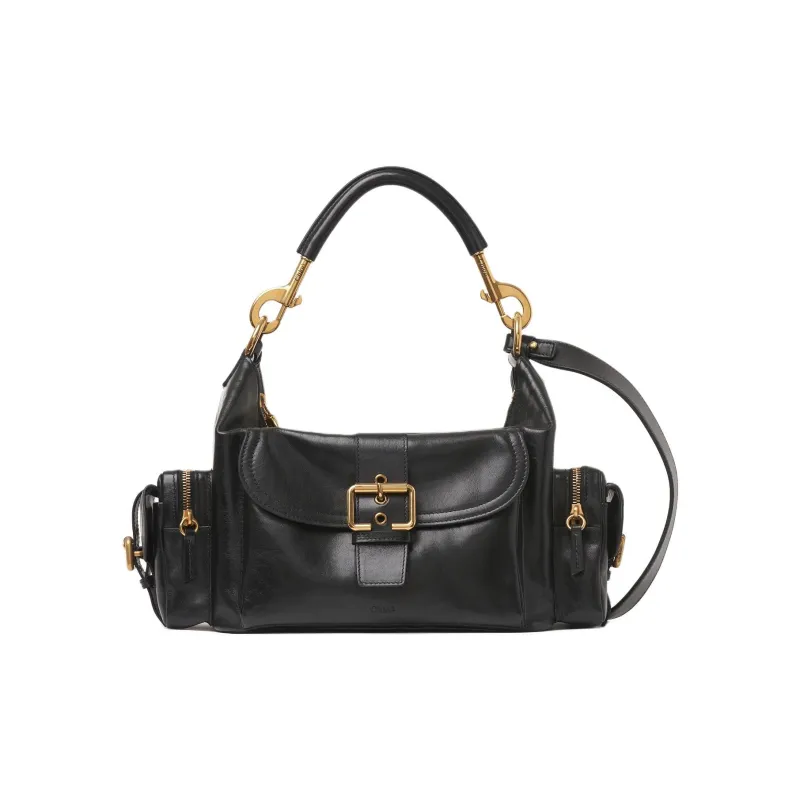 Chloe Natural Shiny Buffalo Leather Camera Bag Handbag Shoulder Bag Crossbody Bag Women's Black-0