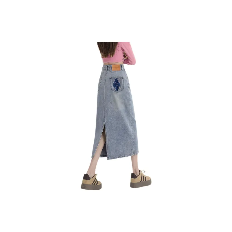 Weixi Denim Long Skirts Women's Blue-3