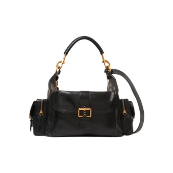 Chloe Natural Shiny Buffalo Leather Camera Bag Handbag Shoulder Bag Crossbody Bag Large Size Women's Black