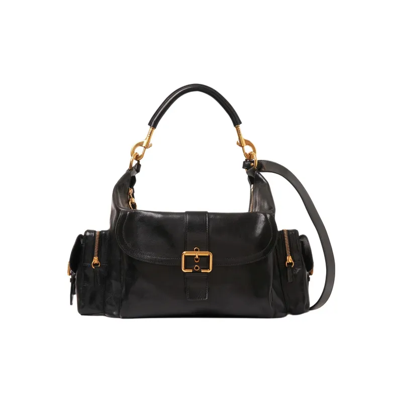 Chloe Natural Shiny Buffalo Leather Camera Bag Handbag Shoulder Bag Crossbody Bag Large Size Women's Black-0