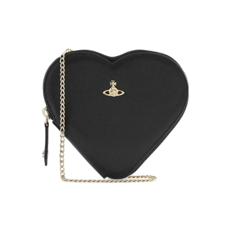 Vivienne Westwood Cow Leather Heart Shaped Bag, Shoulder Bag, Crossbody Bag Trumpets Women's Black-0
