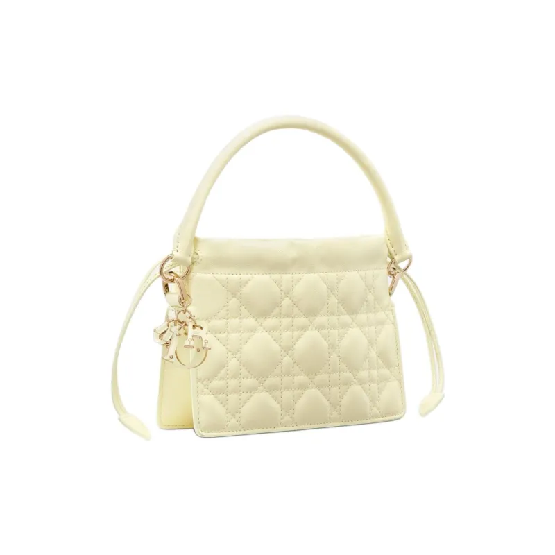 DIOR Lady Dior Wicker Pattern Sheepskin Portable Crossbody Bag Shoulder Bag Mini Women's Light Yellow-2