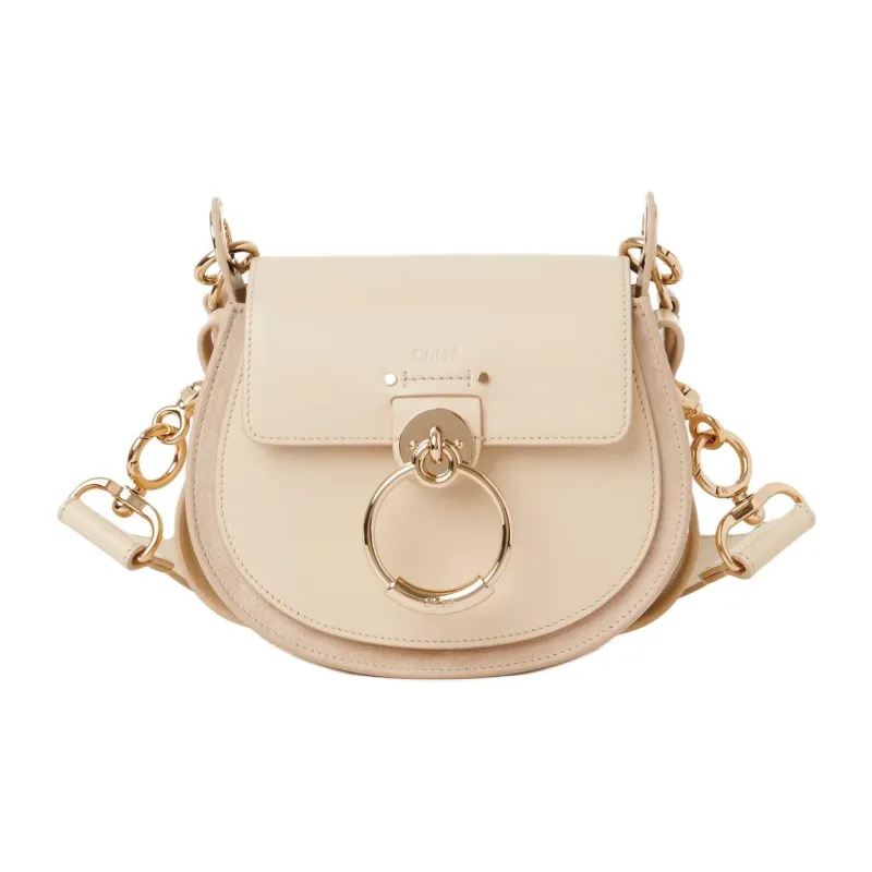 Chloe Tess Shiny Calfskin Bonded Leather Calfskin Shoulder Bag Crossbody Bag Handbag Small Size Women's Beige-0