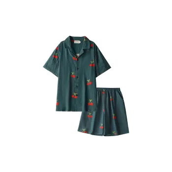 Wabi Town Pajama Set For Spring And Summer Women's Army Green Cherry Fruit