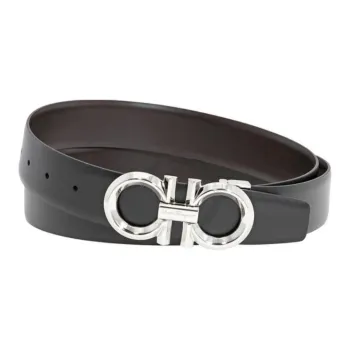FERRAGAMO Flip Design - Leather Belts Men's Black Width 3.3CM