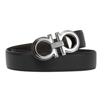FERRAGAMO Embossed Textured Leather Leather Belts Men's Black/Brown Double Sided Width 3.5CM