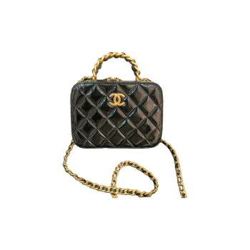CHANEL Patent Leather Calfskin One Shoulder Crossbody Portable Makeup Bag Small Size Women's Black