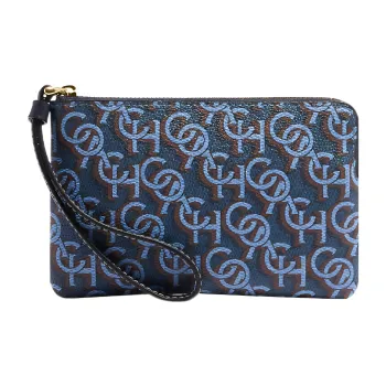 COACH Corner Zip Canvas With Leather Wrist Bags Clutches Small Size Women's Navy