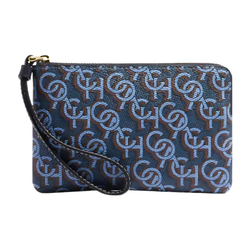 COACH Corner Zip Canvas With Leather Wrist Bags Clutches Small Size Women's Navy