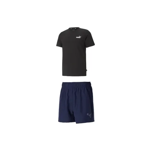 PUMA Casual Sportswear Men Set Black T-Shirts+Tweed Blue Shorts