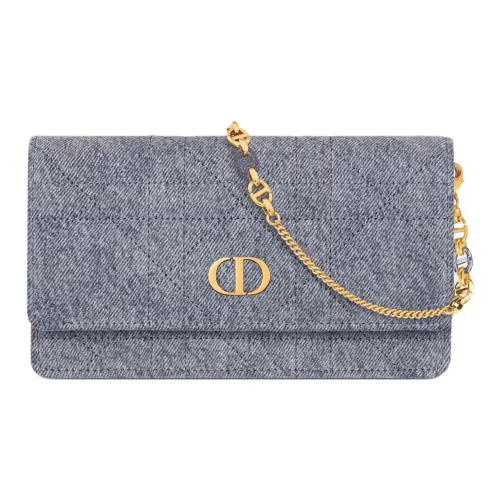 DIOR Caro Wicker Pattern Denim One Shoulder Crossbody Clutches Women's Blue