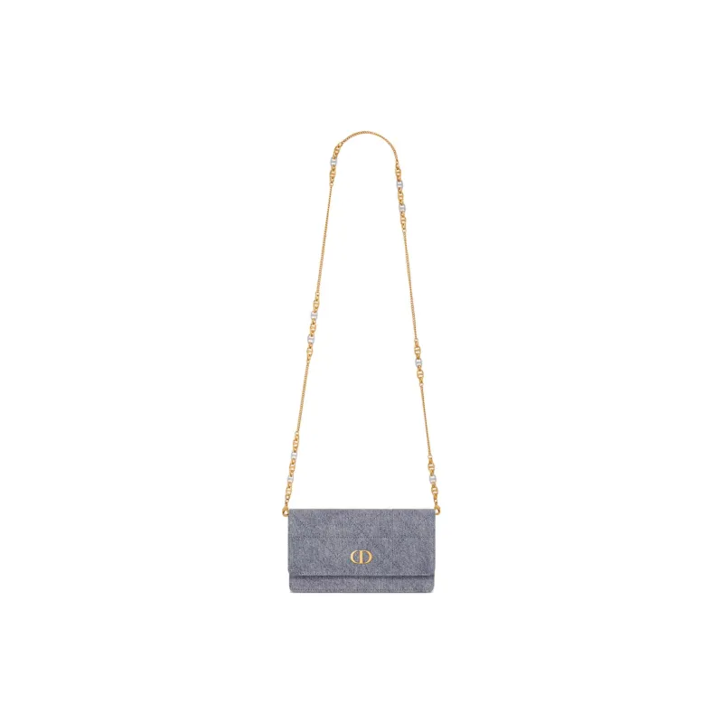 DIOR Caro Wicker Pattern Denim One Shoulder Crossbody Clutches Women's Blue-1