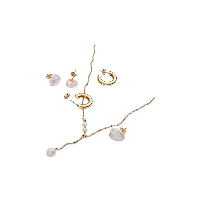 Pandora Gold Plated Copper Silver Alloy Pearl Stud Earrings Women's White-1