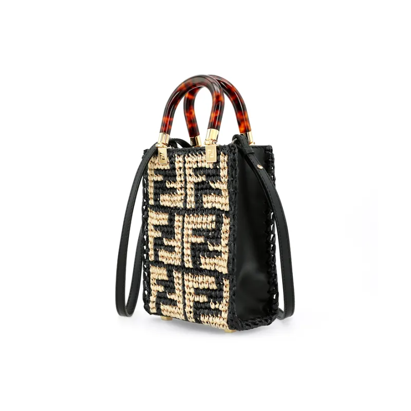 FENDI Sunshine Raffia Handbag, Shoulder Bag, Crossbody Bag Mini Women's Black-3
