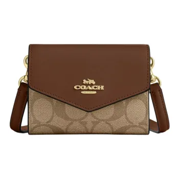 COACH Envelope Canvas Envelope Bag Wallets Mini Women's Khaki Saddle Brown
