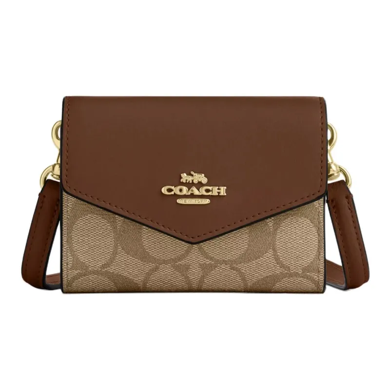 COACH Envelope Canvas Envelope Bag Wallets Mini Women's Khaki Saddle Brown-0