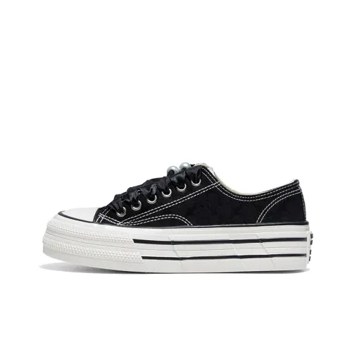 Warrior Platform White Sneakers Canvas Shoes Women's Black