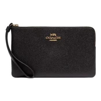 COACH Corner Zip Cross Grain Leather Wrist Bag Clutch Trumpets Women's Gold & Black