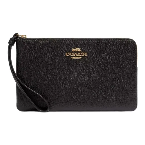 COACH Corner Zip Cross Grain Leather Wrist Bag Clutch Trumpets Women's Gold & Black