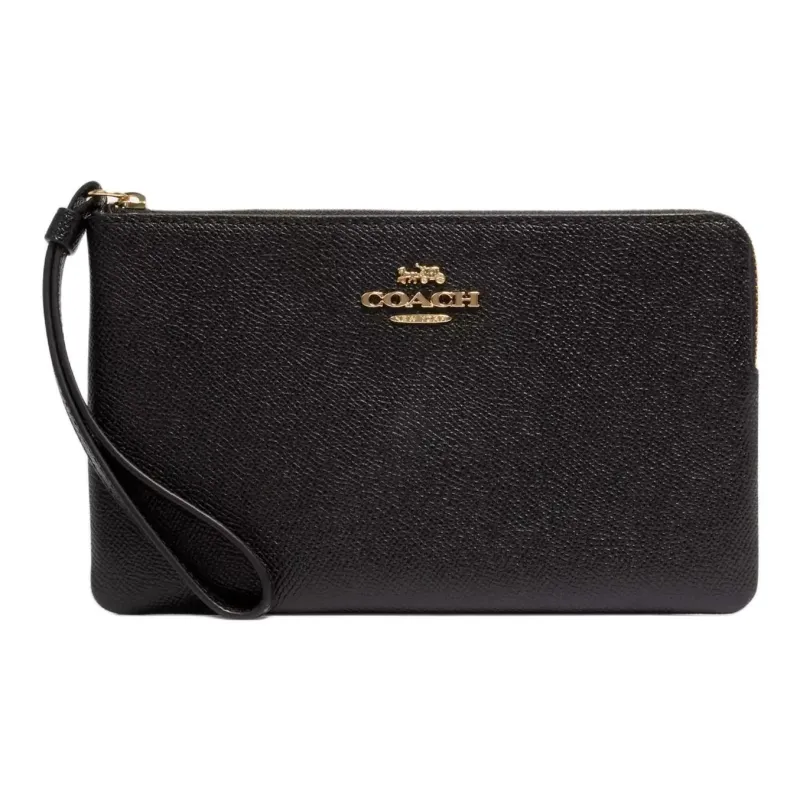 COACH Corner Zip Cross Grain Leather Wrist Bag Clutch Trumpets Women's Gold & Black-0