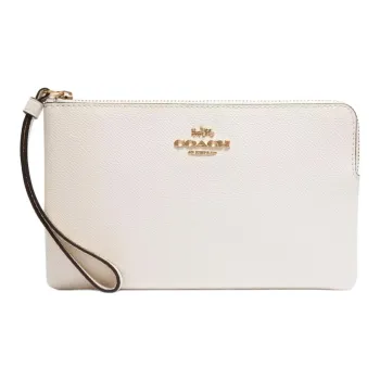 COACH Corner Zip Cross-Stitch Leather Clutch Small Size Women's Gold & Chalk White