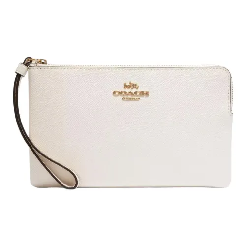 COACH Corner Zip Cross-Stitch Leather Clutch Small Size Women's Gold & Chalk White