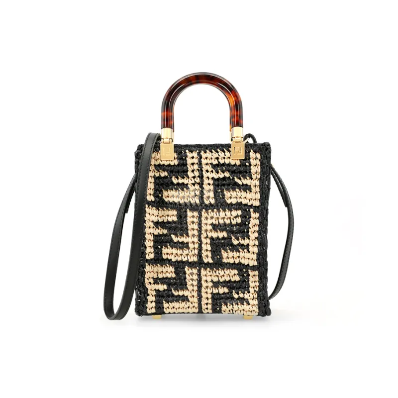 FENDI Sunshine Raffia Handbag, Shoulder Bag, Crossbody Bag Mini Women's Black-1