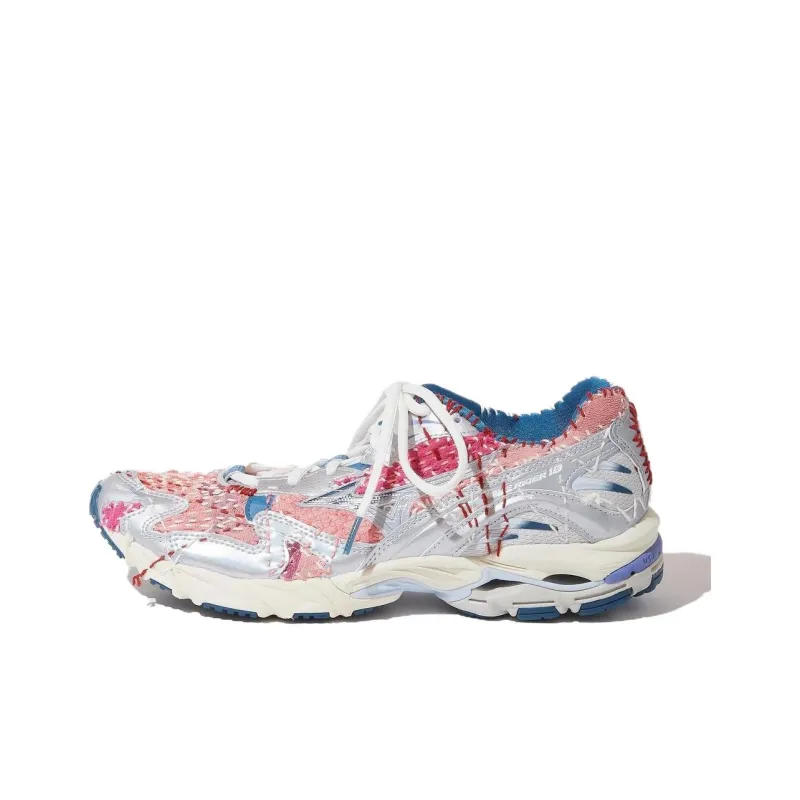 KUON X Sashiko Gals x Mizuno Wave Rider 10 Anti-Slip Wear-Resistant Low-Top Casual Shoes Unisex Silver Pink-0