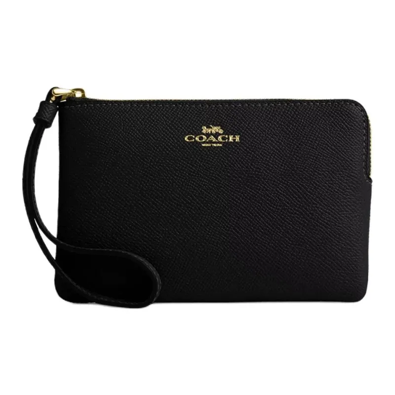 COACH Corner Zip Recycled Leather Wrist Bag Small Size Women's Gold & Midnight-0