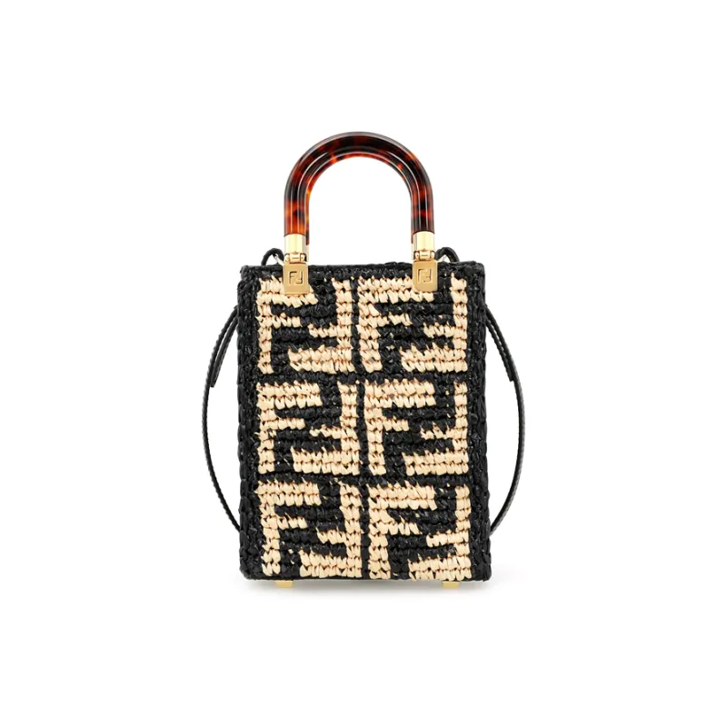 FENDI Sunshine Raffia Handbag, Shoulder Bag, Crossbody Bag Mini Women's Black-5